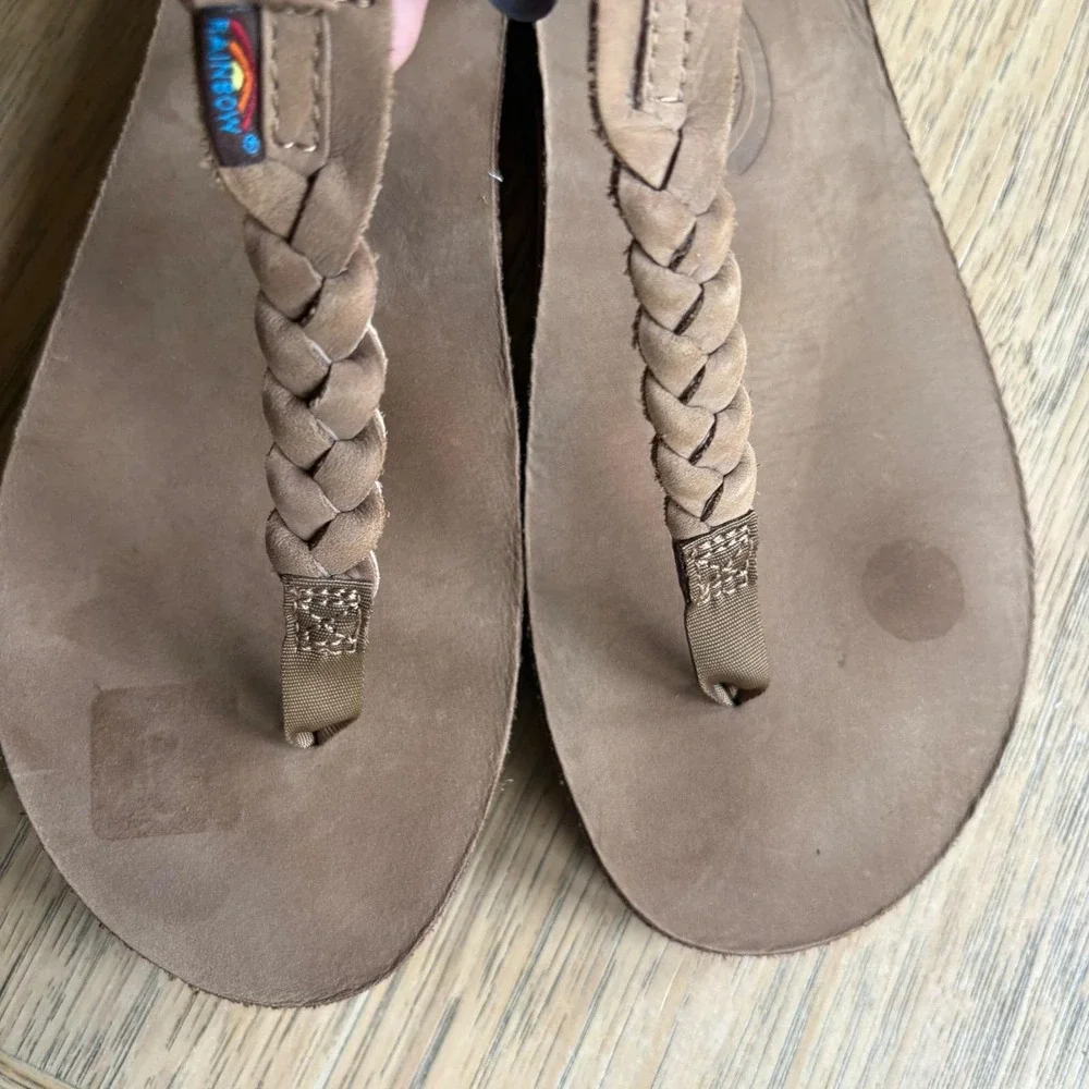 NWOT Rainbow T-Street Brwn Sandal Leather Braided Strap Thongs Wmns L; US7.5-8.5 - Picture 2 of 7